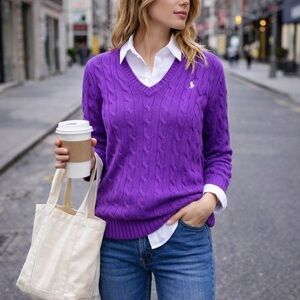 Ralph Lauren Sport Purple Cable Knit V-Neck Sweater (L)